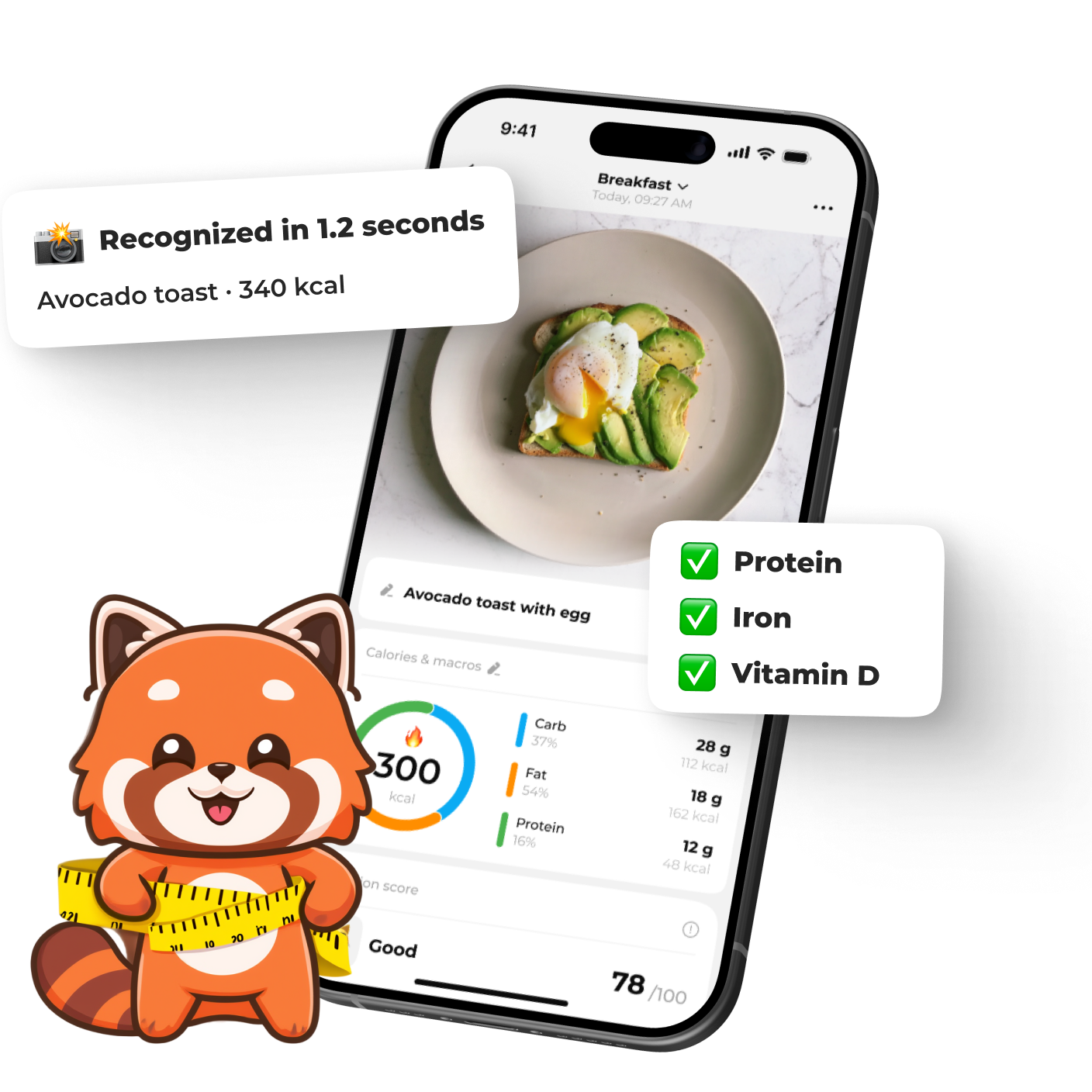 MiraCal app — food recognition in action with red panda mascot